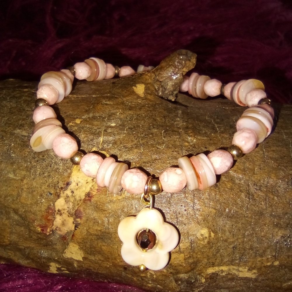 BB: Bracelet of Pink Jasper and Shell with gold Ball Spacers